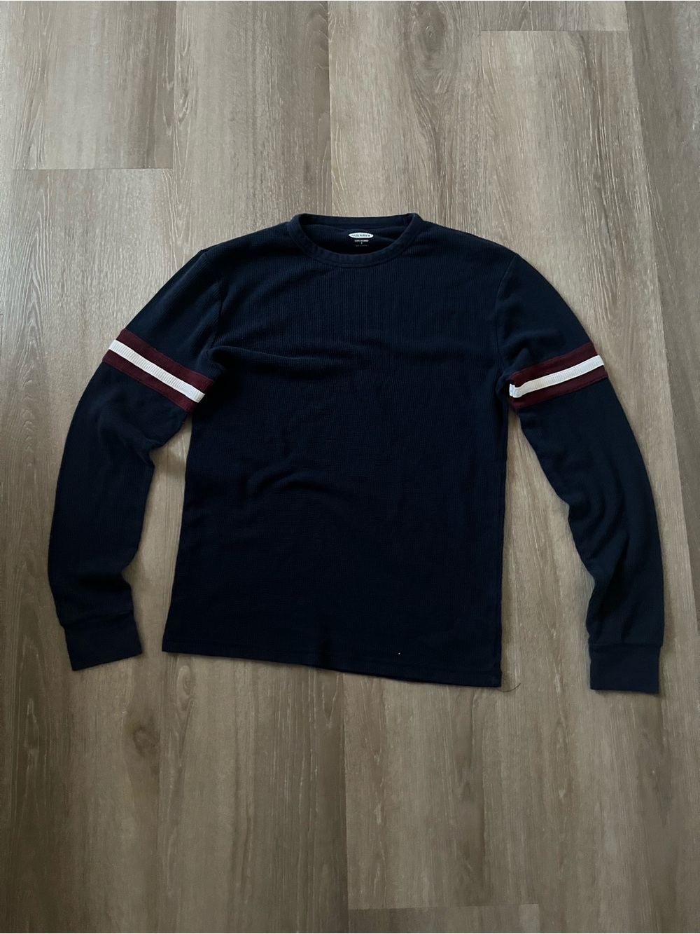Old Navy Black Crewneck Sweater with Maroon and White Sleeve Stripes